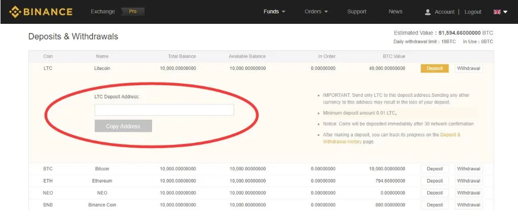 Binance deposit instructions