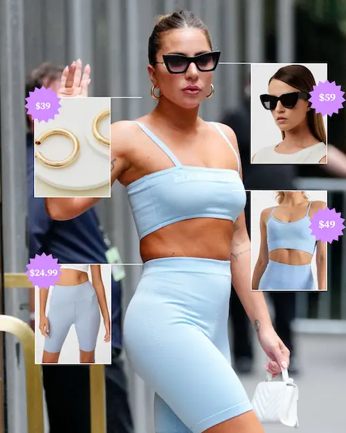 Lady Gaga wearing baby blue Marc Jacobs activewear set with gold hoops and cat eye sunglasses.