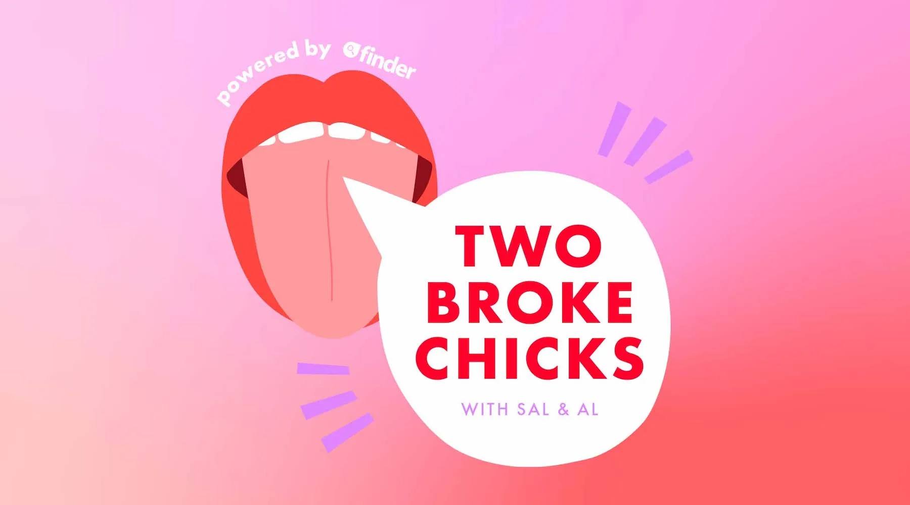 Two Broke Chicks podcast logo on pink and red gradient background.