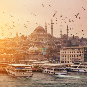 Une volée d'oiseaux dans le contexte de la mosquée de Suleymaniye, vue du soir à Istanbul depuis le pont de Galata