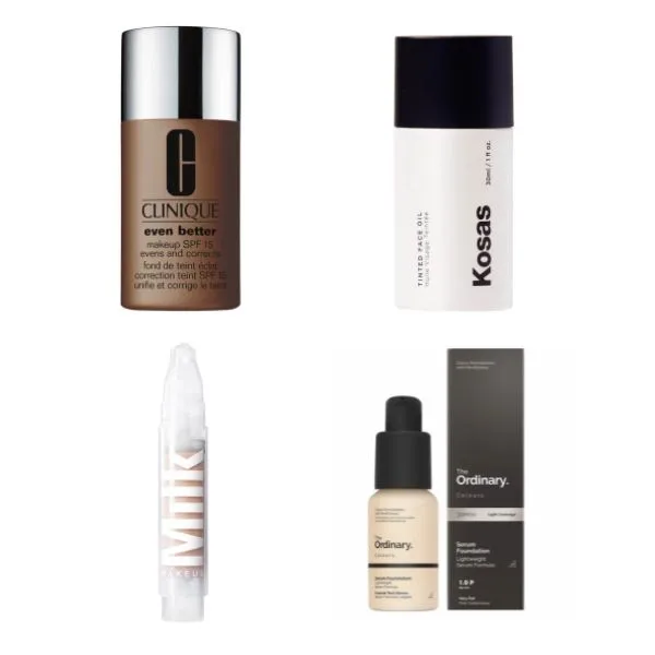 Grid of: Clinique Even Better Makeup Broad Spectrum SPF15, Kosas Tinted Face Oil, Milk Makeup Sunshine Skin Tint SPF30 and The Ordinary Serum Foundation
