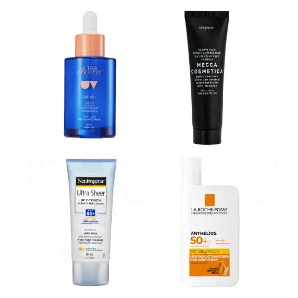 Grid image of Neutrogena Ultra Sheer Sunscreen Lotion, Mecca Cosmetica To Save Face SPF50+ Superscreen, Neutrogena Ultra Sheer Sunscreen Lotion SPF50 and La Roche-Posay Anthelios Invisible Fluid Facial Sunscreen SPF50+