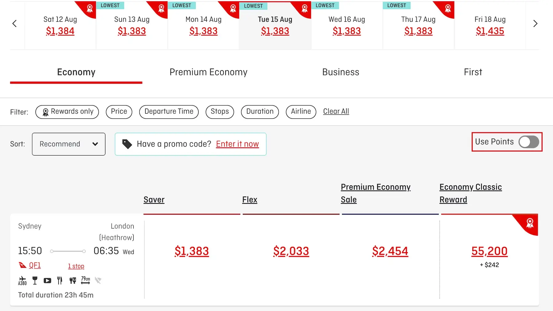 Uma captura de tela mostrando os voos da Qantas de Sydney para Londres (LHR), com uma tarifa Saver e um Classic Reward Seat.