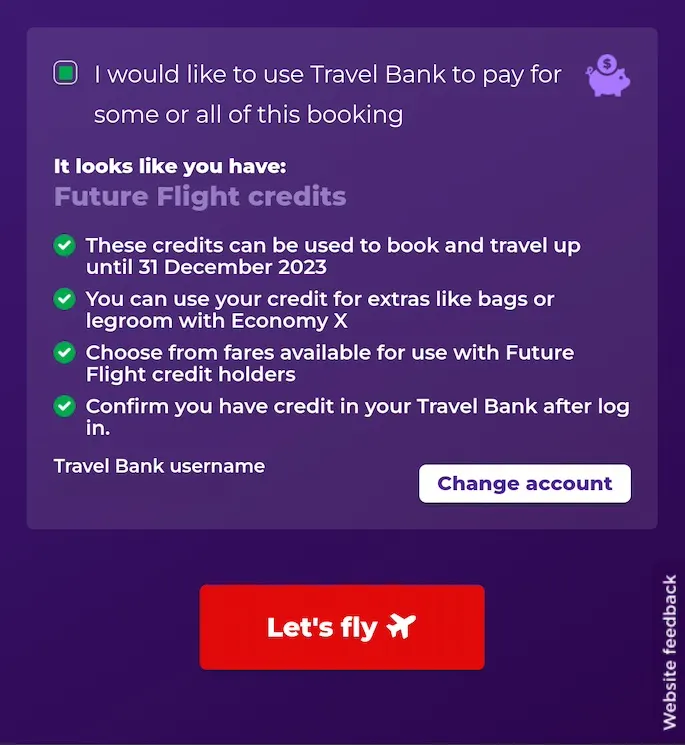 The Virgin Australia booking page details for someone who has entered their Travel Bank username.