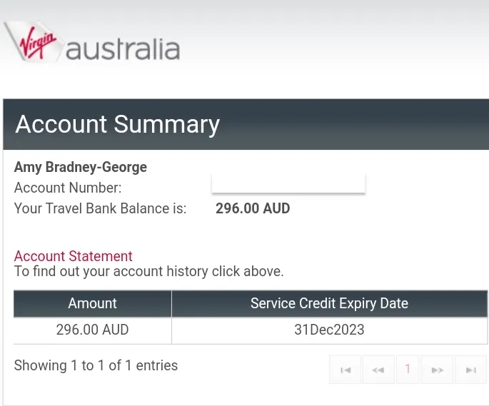 The author's Virgin Australia Travel Bank account summary, showing $296 due to expire on 31 December 2023.