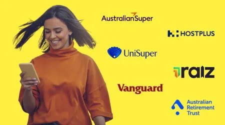 Woman looking happy next to super fund logos. 
