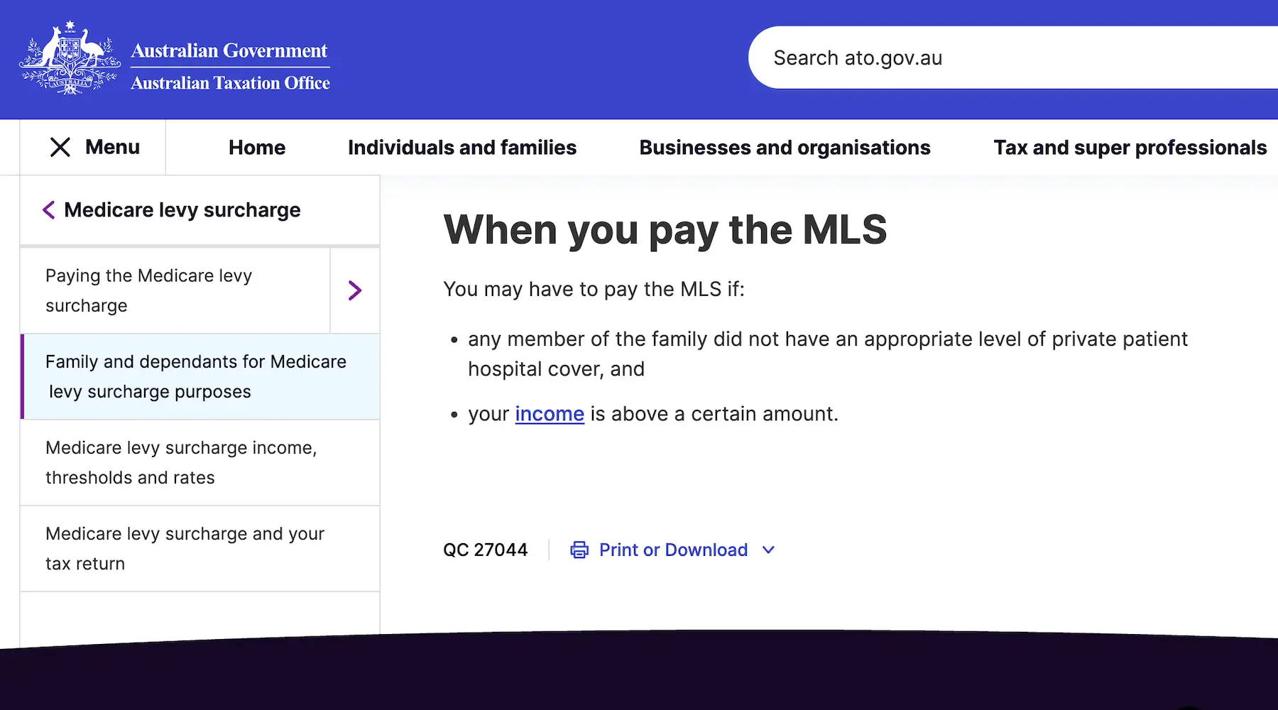 Image: Finder Message on an ATO website explaining the MLS