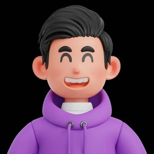 Cartoon man with black har, a smile and a purple hoodie on