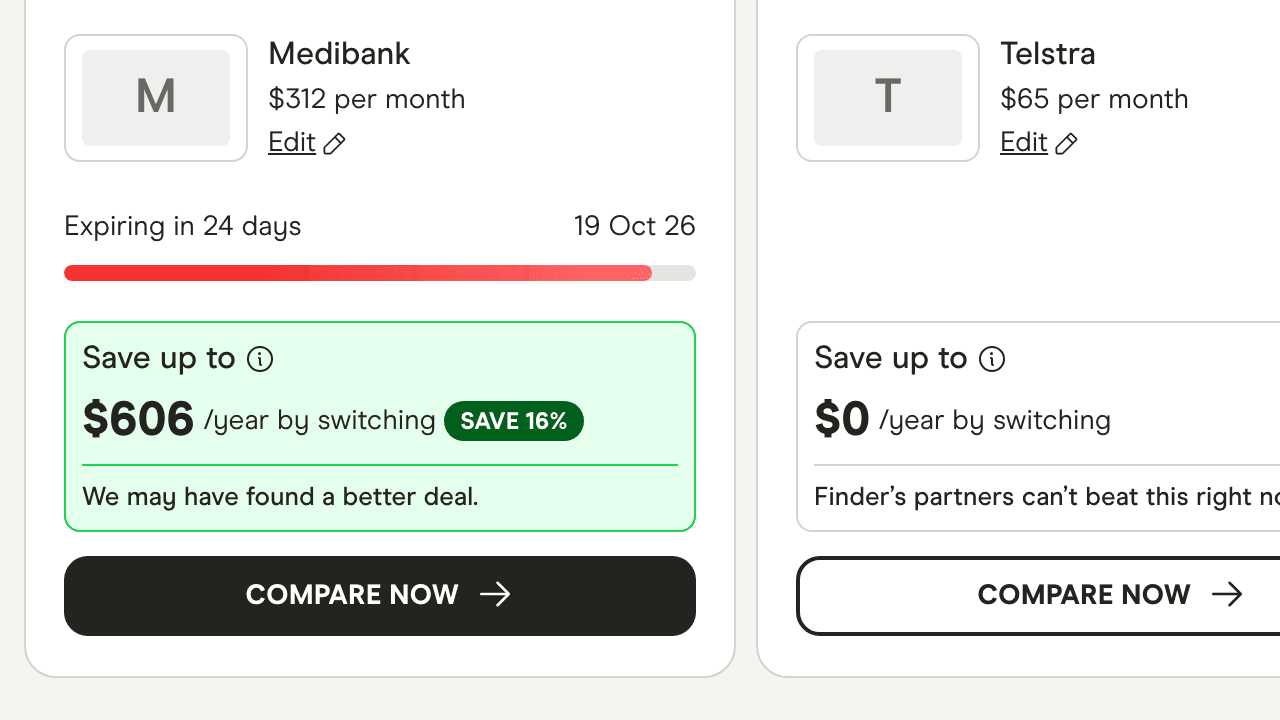 A tracked health insurance policy with a renewal countdown and a saving of $606 a year found