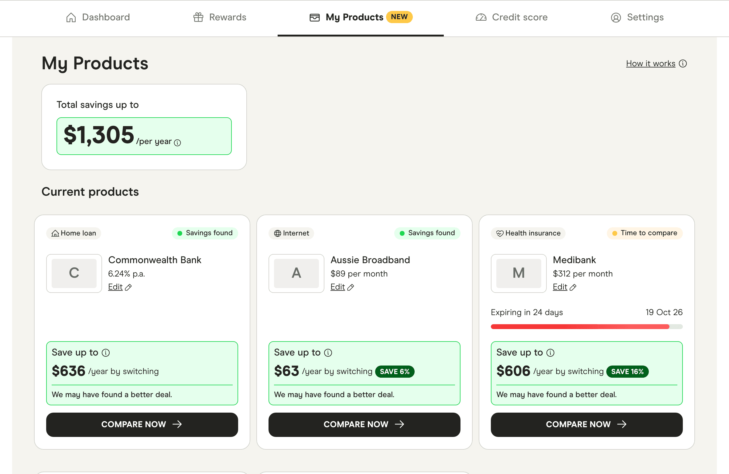 My Products dashboard on desktop showing five tracked products and the savings found for each