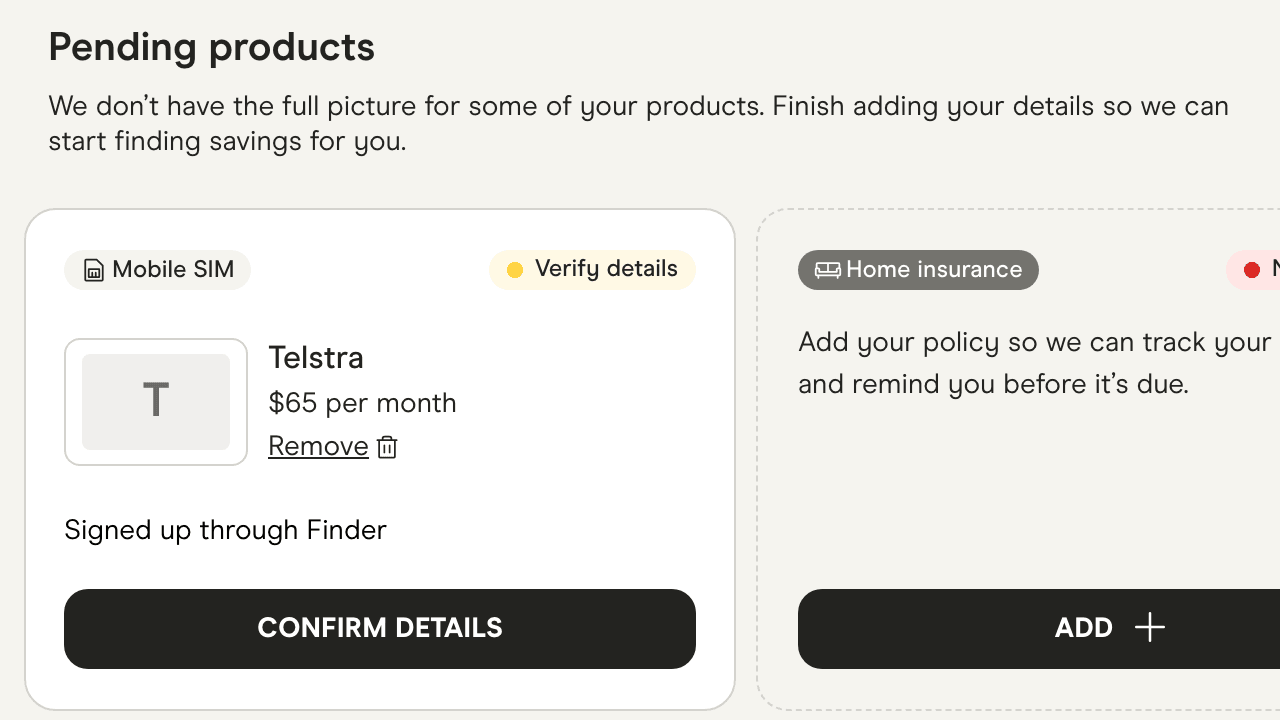 Pending products: a Telstra mobile plan signed up through Finder, waiting for you to confirm the details