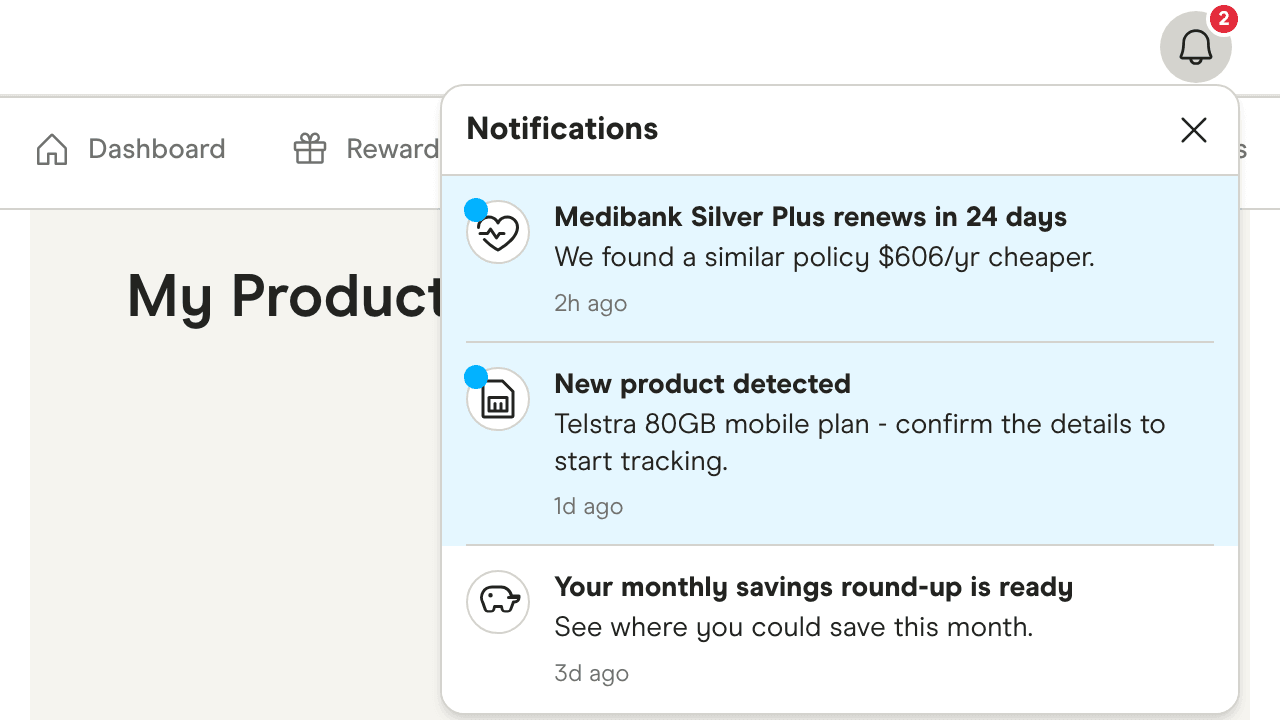 Notification centre with a renewal reminder and a new product detected